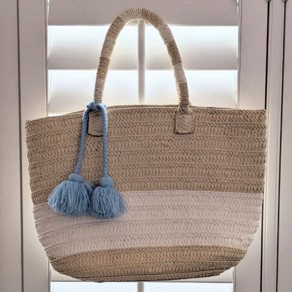 Altru Handbags - Altru Made For Good Straw Contrast Tan White Tote Bag with Blue Pom Tassel